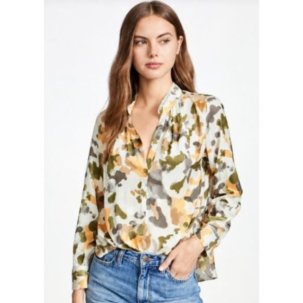 Sadig & Voltaire Size Medium Tink Camou Blouse Cream Popover Satin Lightweight